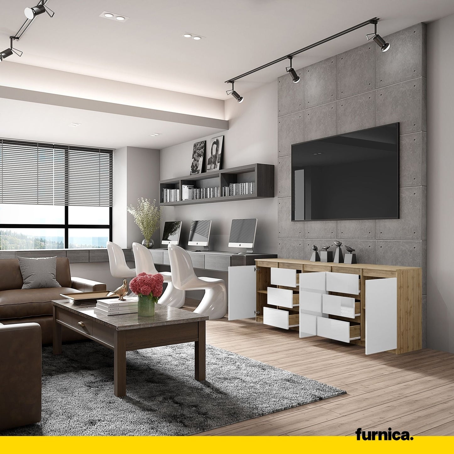 MIKEL - Cassettiera a 6 cassetti e 3 ante - Credenza per camera da letto - Rovere Wotan / Bianco Lucido H75cm L200cm P35cm