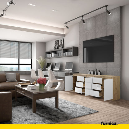 MIKEL - Cassettiera a 6 cassetti e 3 ante - Credenza per camera da letto - Rovere Wotan / Bianco Lucido H75cm L200cm P35cm