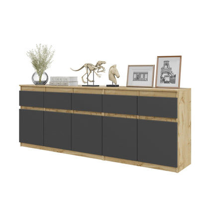 NOAH - Cassettiera a 5 cassetti e 5 ante - Credenza per camera da letto - Rovere Wotan / Antracite H75cm L200cm P35cm