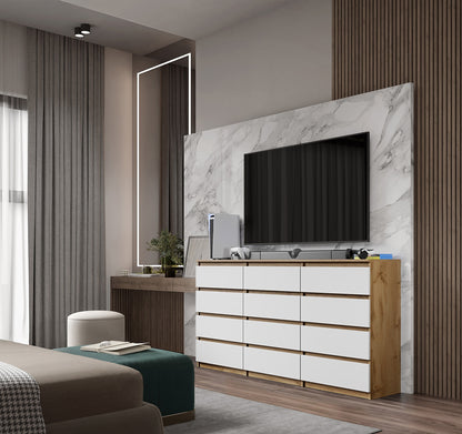 GABRIEL - Cassettiera a 12 cassetti (8+4) - Credenza per camera da letto - Rovere Wotan / Bianco Opaco