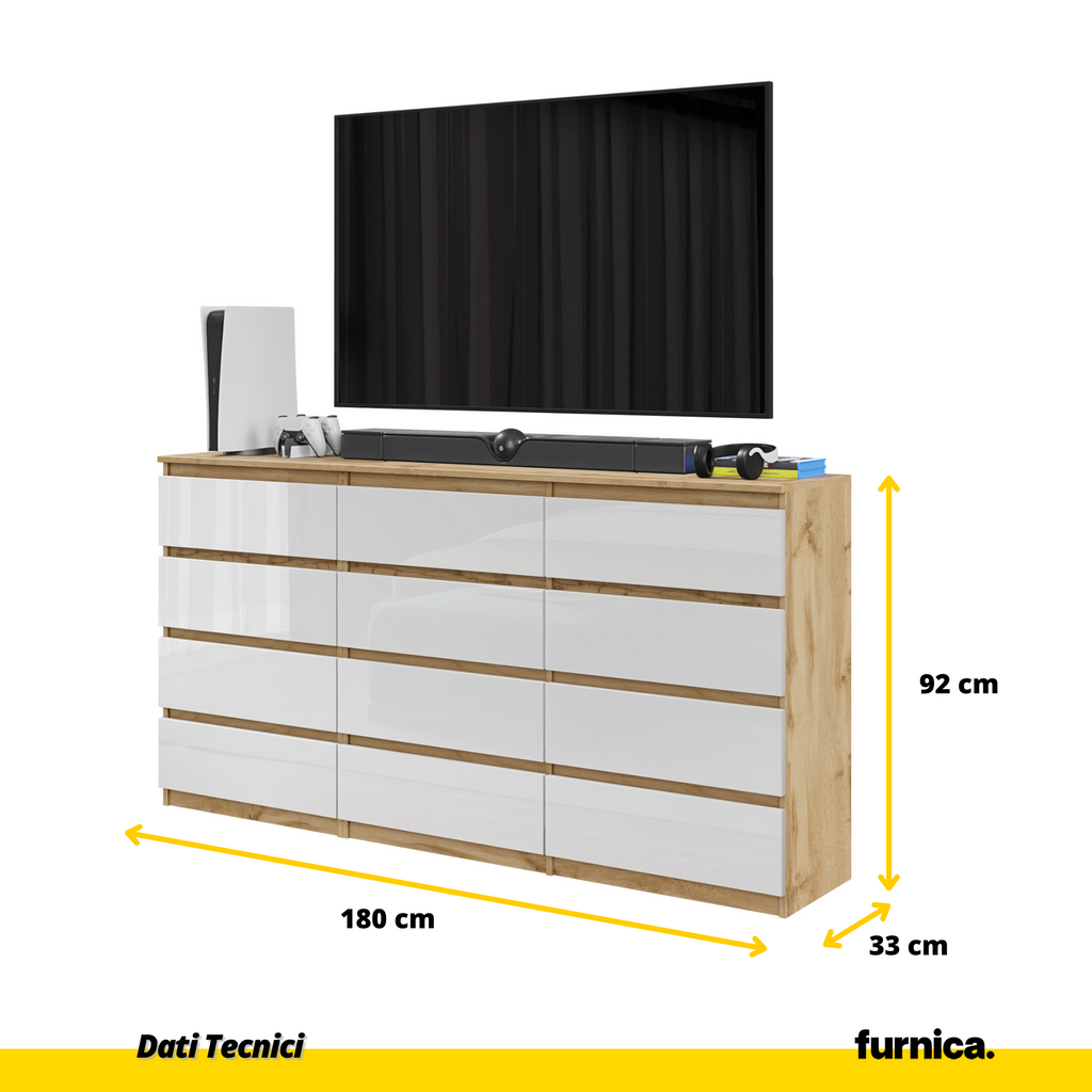 GABRIEL - Cassettiera a 12 cassetti (8+4) - Credenza per camera da letto - Rovere Wotan / Bianco Lucido