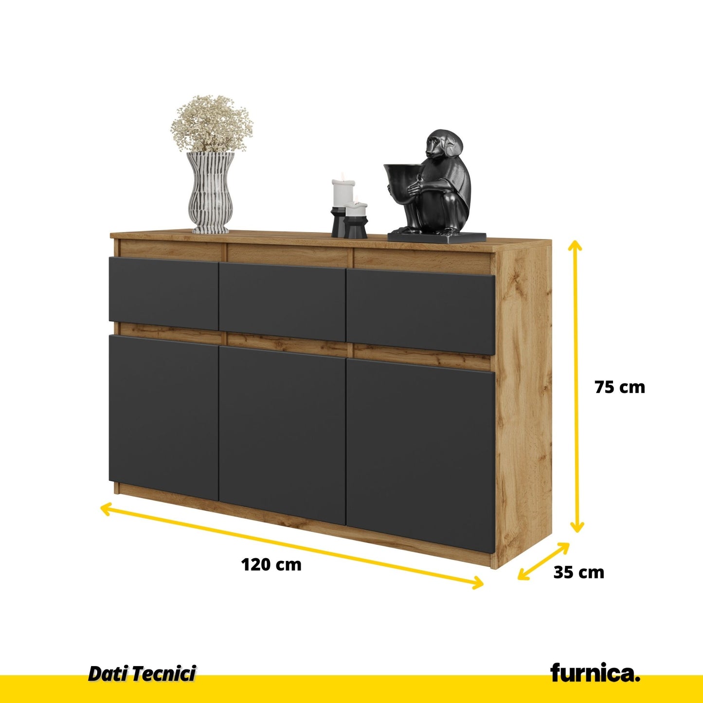 NOAH - Cassettiera a 3 cassetti e 3 ante - Credenza per camera da letto - Quercia Wotan / Antracite