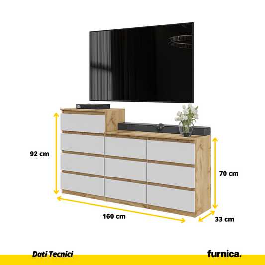 GABRIEL - Cassettiera a 10 cassetti (6+4) - H92/70 cm L160 cm P33 cm - Rovere Wotan / Bianco Opaco
