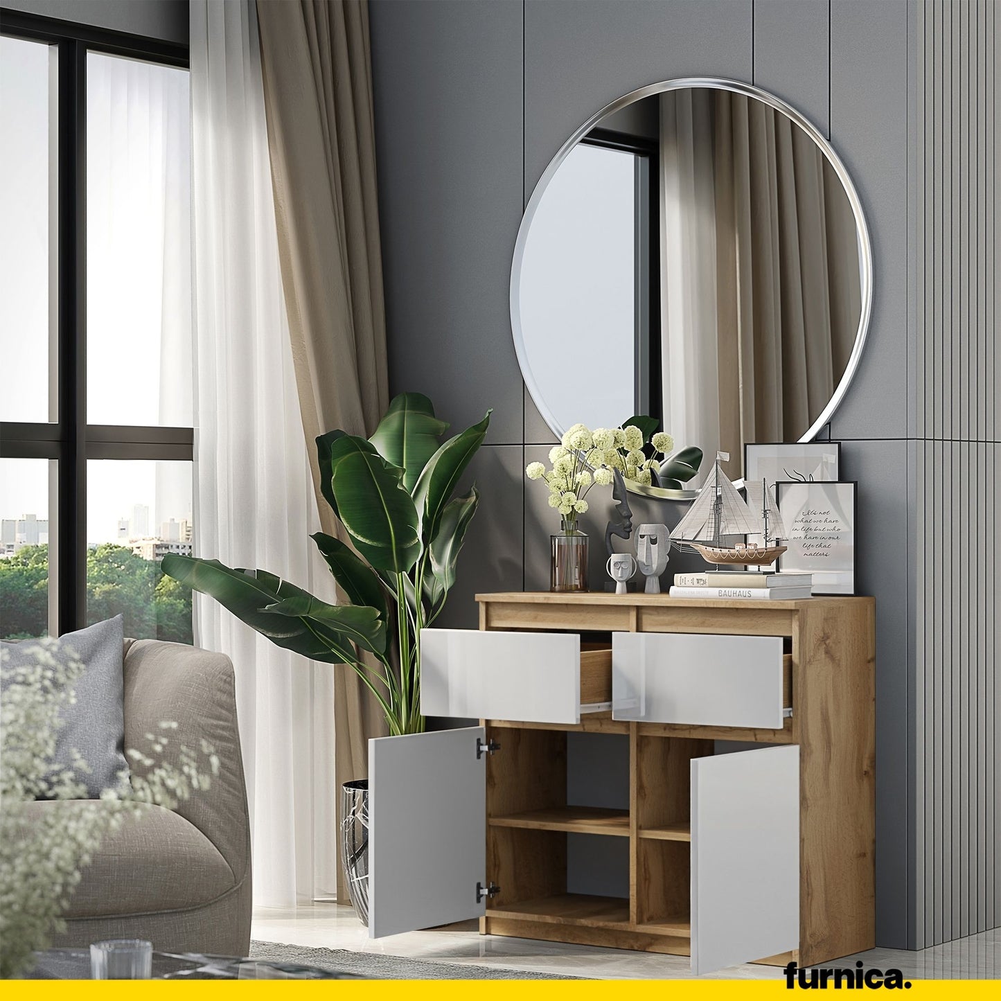 NOAH - Cassettiera con 2 cassetti e 2 ante - Credenza per camera da letto - Quercia Wotan / Bianco Lucido