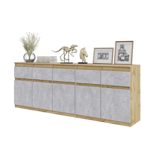 NOAH - Cassettiera a 5 cassetti e 5 ante - Credenza per camera da letto - Quercia Wotan / Calcestruzzo H75cm L200cm P35cm