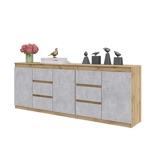 MIKEL - Cassettiera a 6 cassetti e 3 ante - Credenza per camera da letto - Rovere Wotan / Calcestruzzo H75cm L200cm P35cm