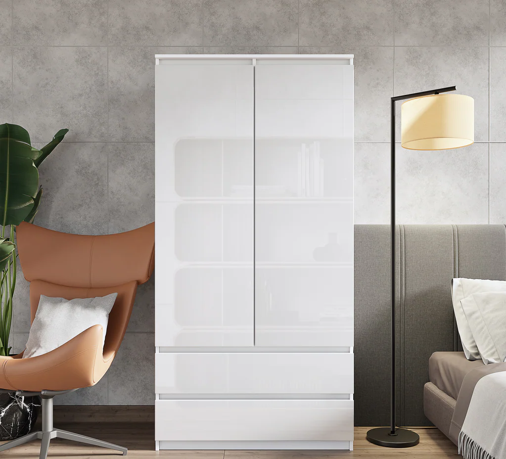 JOELLE - Armadio a 2 ante con 2 cassetti - Bianco opaco / Bianco lucido H180cm L90cm P50cm