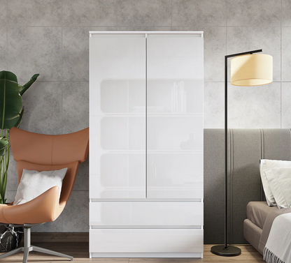 JOELLE - Armadio a 2 ante con 2 cassetti - Bianco opaco / Bianco lucido H180cm L90cm P50cm