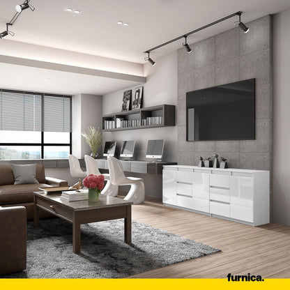 MIKEL - Cassettiera con 6 cassetti e 3 ante - Credenza per camera da letto - Bianco Opaco/Bianco Lucido H75cm L200cm P35cm