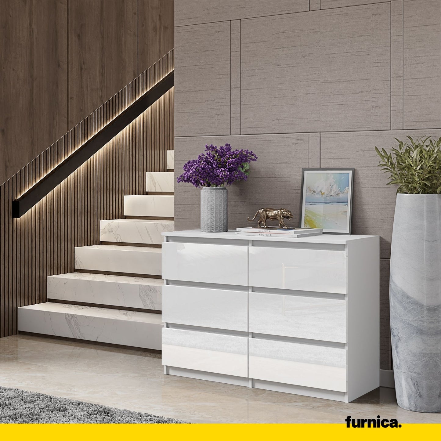 GABRIEL - Cassettiera a 6 cassetti - Credenza per camera da letto - Bianco opaco / Bianco lucido