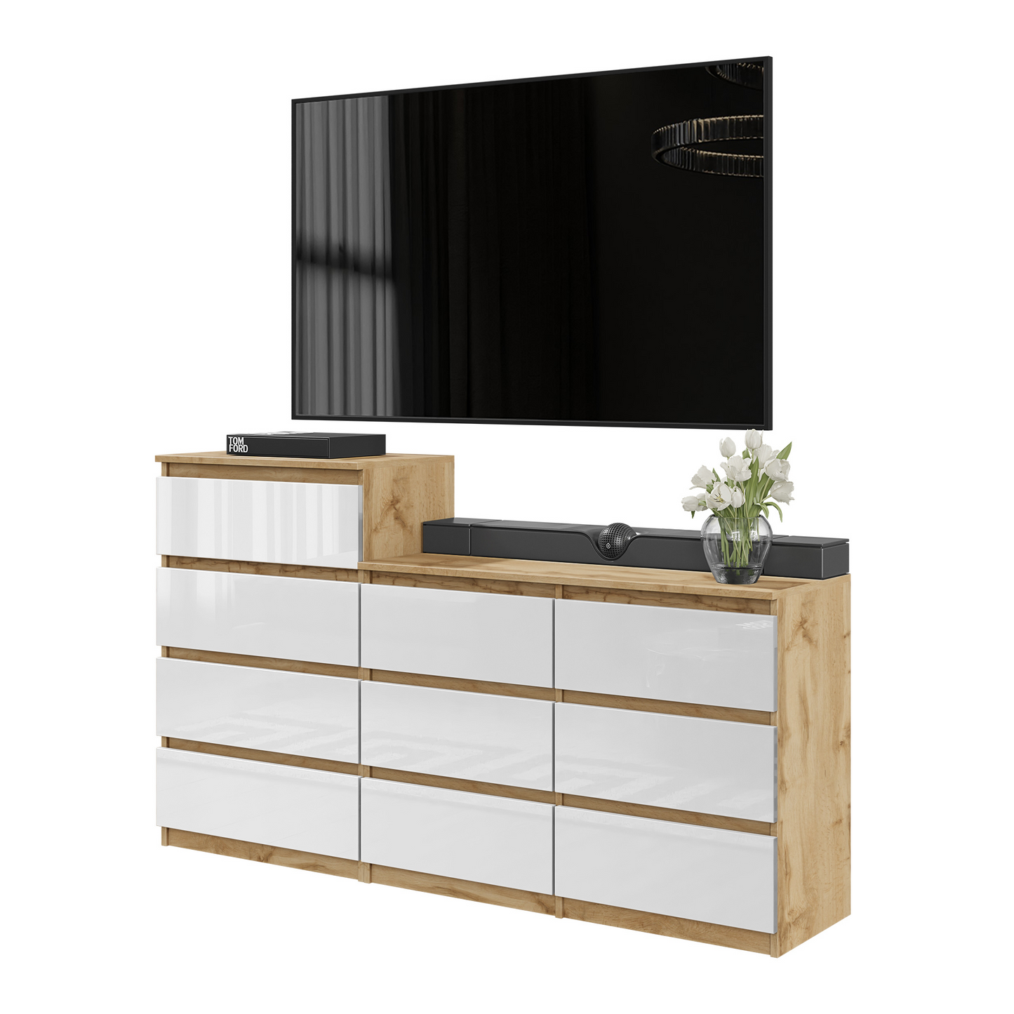 GABRIEL - Cassettiera a 10 cassetti (6+4) - H92/70 cm L160 cm P33 cm - Rovere Wotan / Bianco Lucido