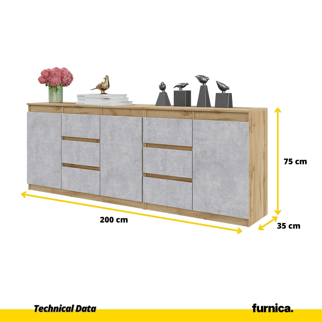 MIKEL - Cassettiera a 6 cassetti e 3 ante - Credenza per camera da letto - Rovere Wotan / Calcestruzzo H75cm L200cm P35cm