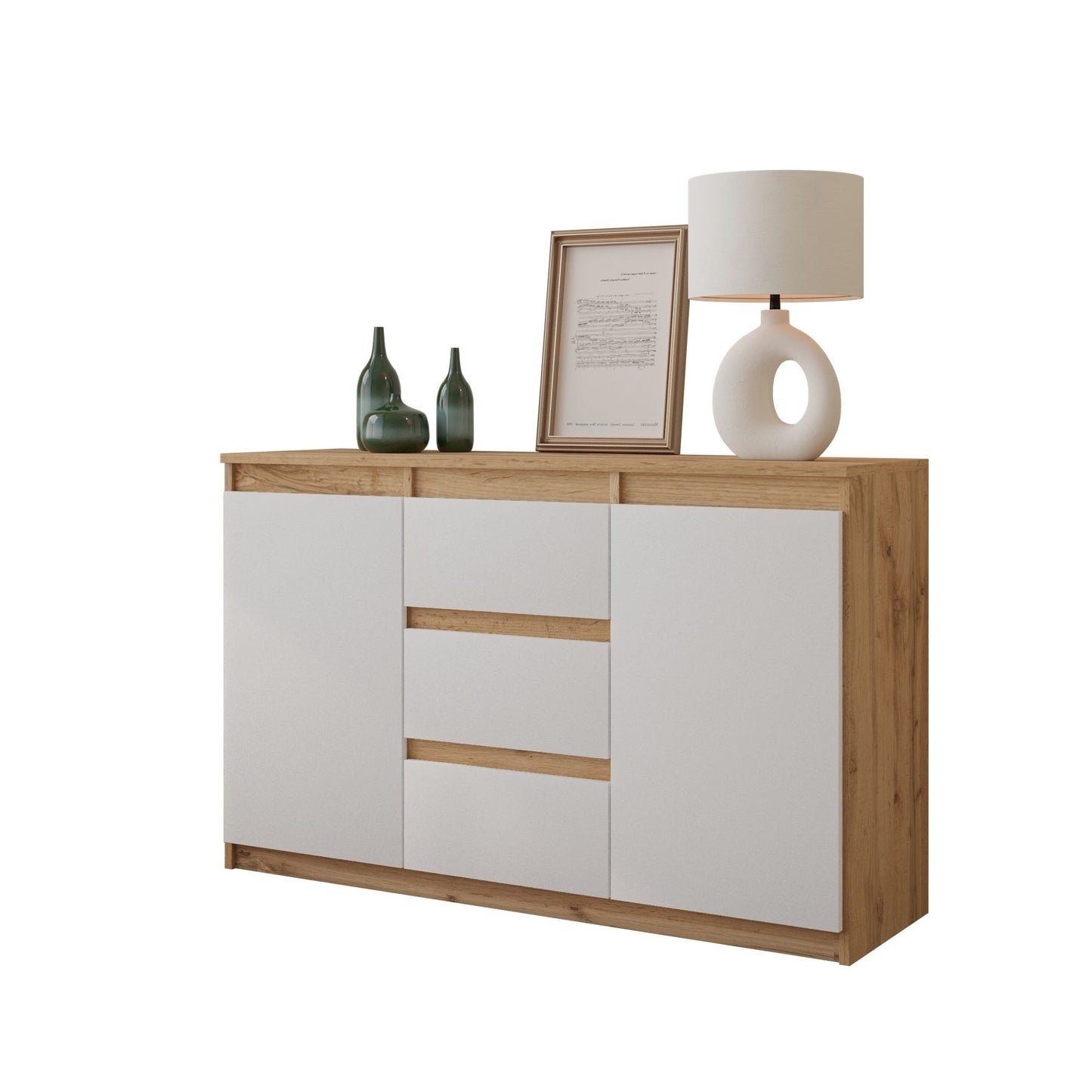 MIKEL - Cassettone con 3 cassetti e 2 ante - Credenza per camera da letto - Quercia Wotan / Bianco Opaco