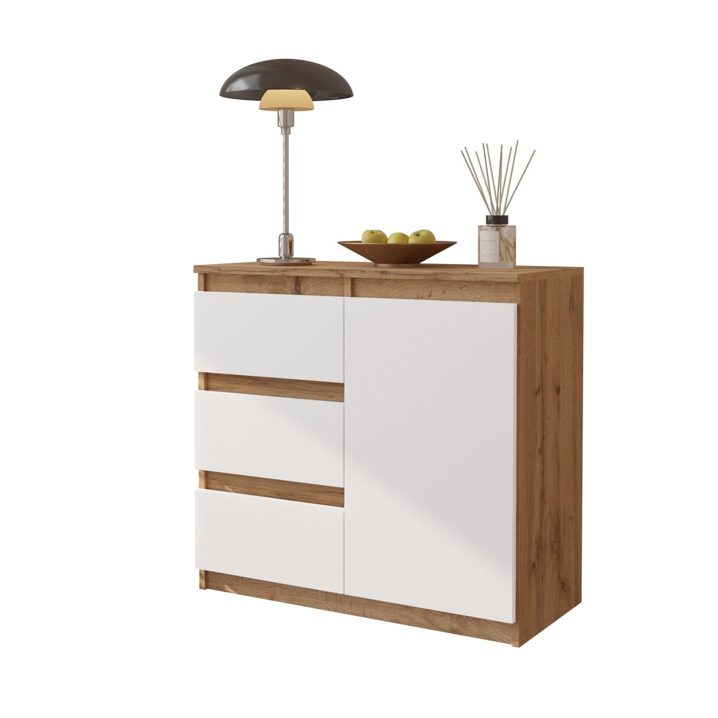 MIKEL - Cassettiera con 3 cassetti e 1 anta - Credenza per camera da letto - Quercia Wotan / Bianco Opaco