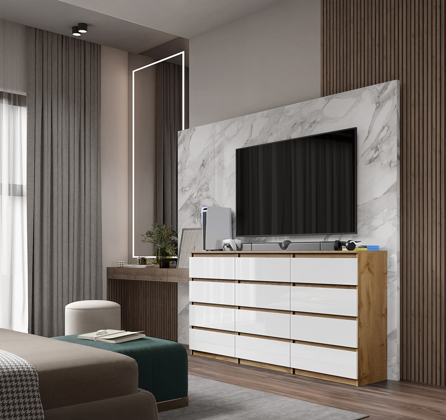 GABRIEL - Cassettiera a 12 cassetti (8+4) - Credenza per camera da letto - Rovere Wotan / Bianco Lucido