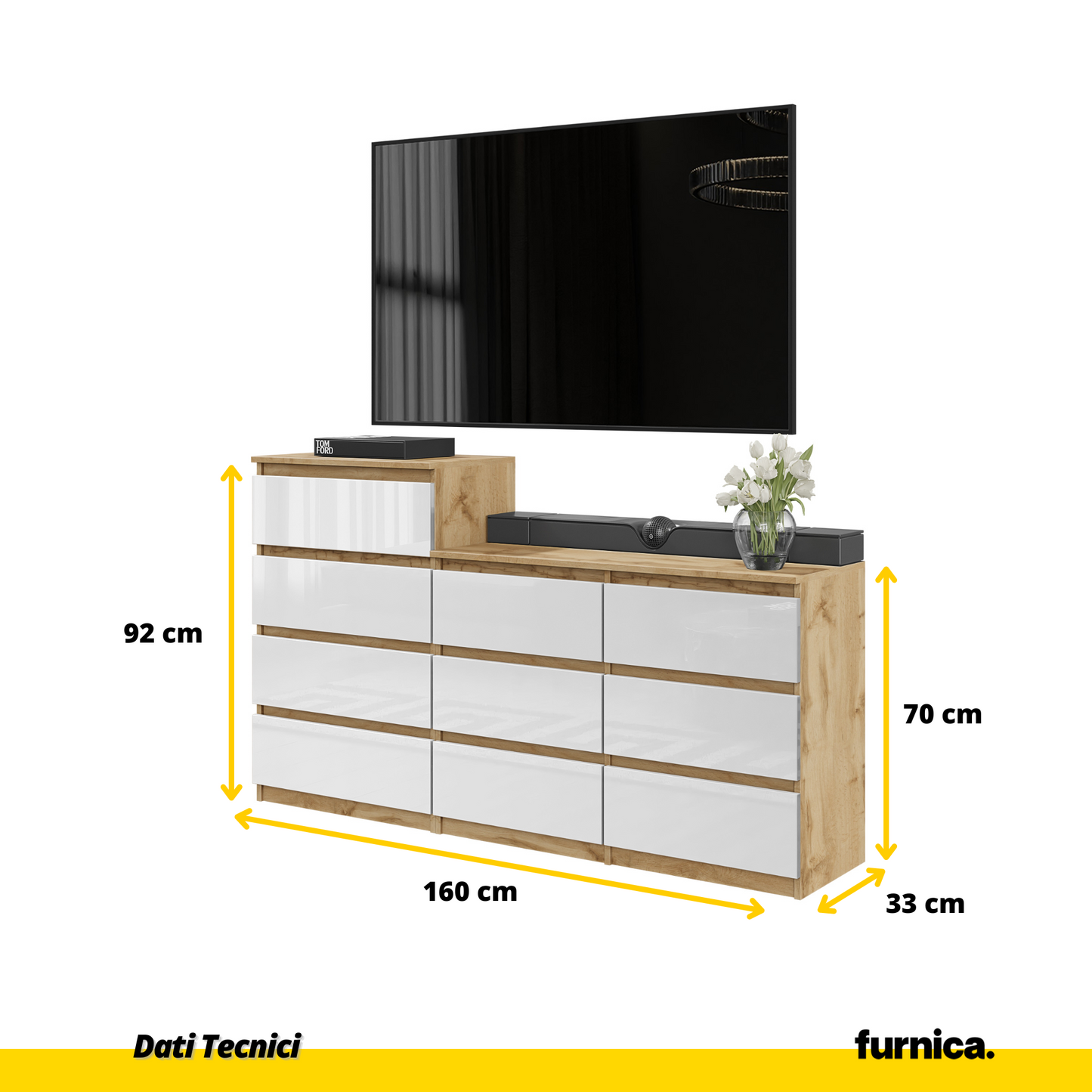 GABRIEL - Cassettiera a 10 cassetti (6+4) - H92/70 cm L160 cm P33 cm - Rovere Wotan / Bianco Lucido