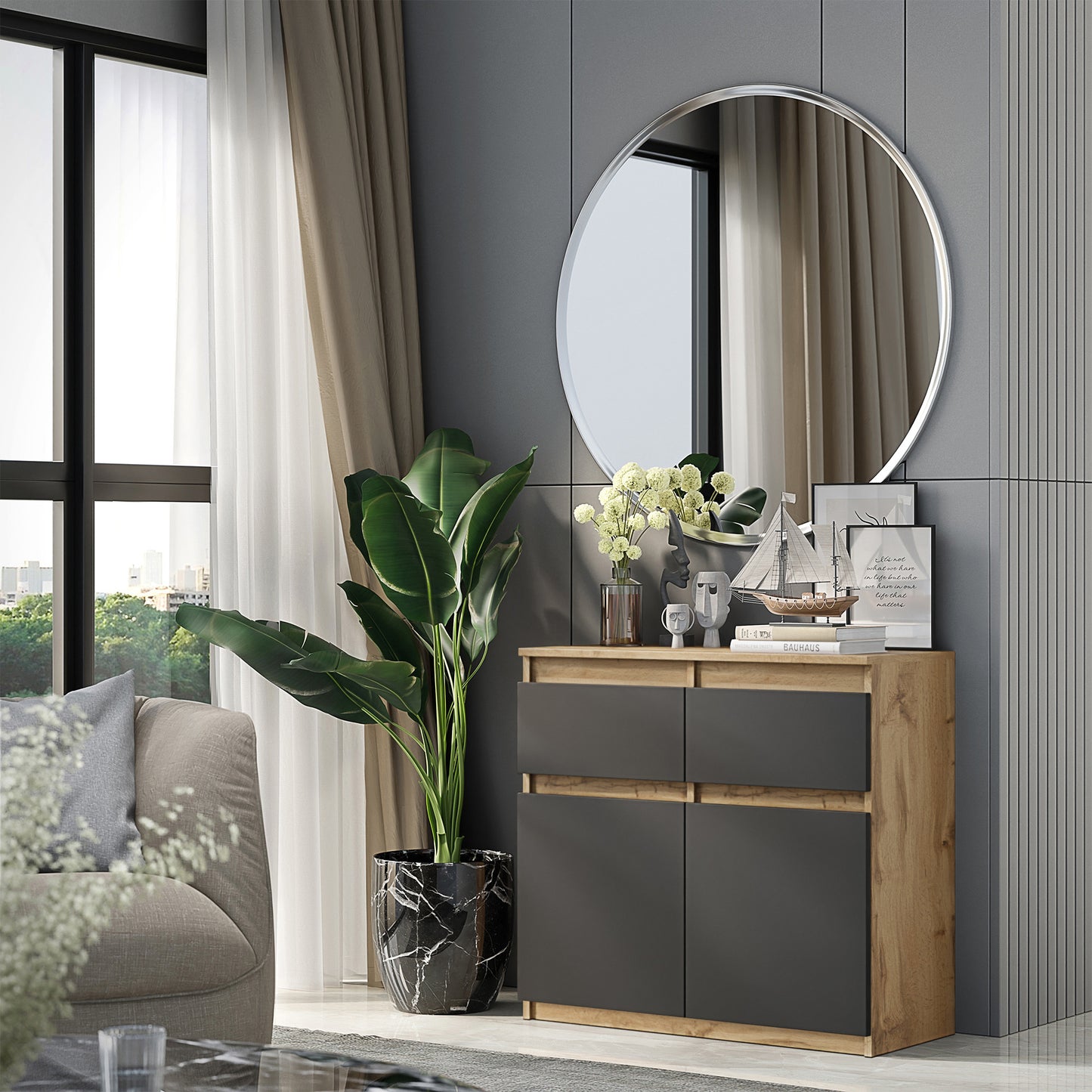 NOAH - Cassettone con 2 cassetti e 2 ante - Credenza per camera da letto - Quercia Wotan / Antracite