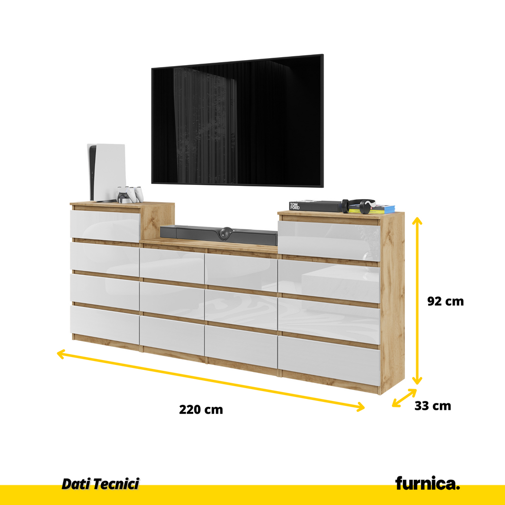 GABRIEL - Cassettiera a 14 cassetti (4+6+4) - Credenza per camera da letto - Quercia Sonoma / Bianco Lucido