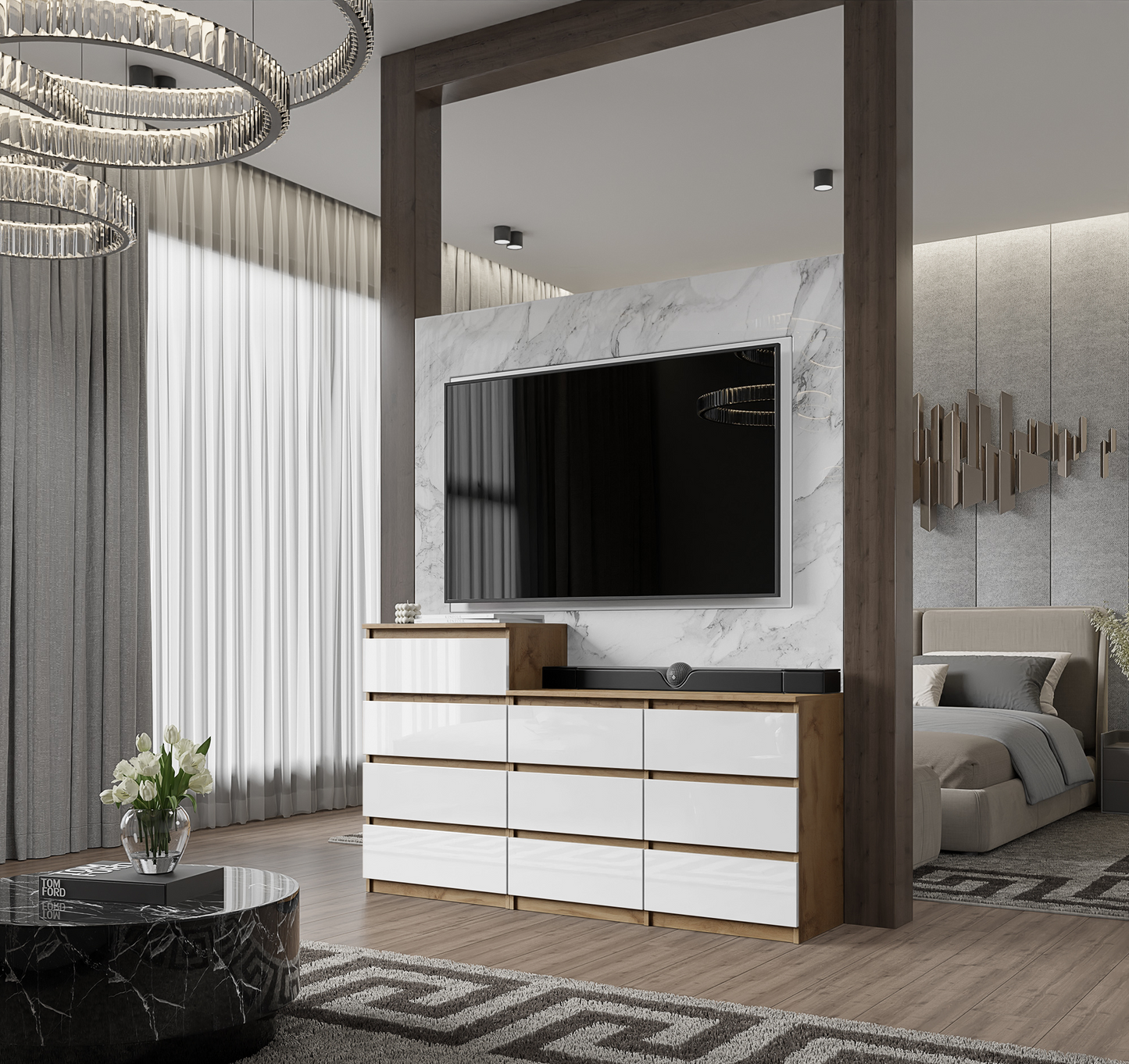 GABRIEL - Cassettiera a 10 cassetti (6+4) - H92/70 cm L160 cm P33 cm - Rovere Wotan / Bianco Lucido