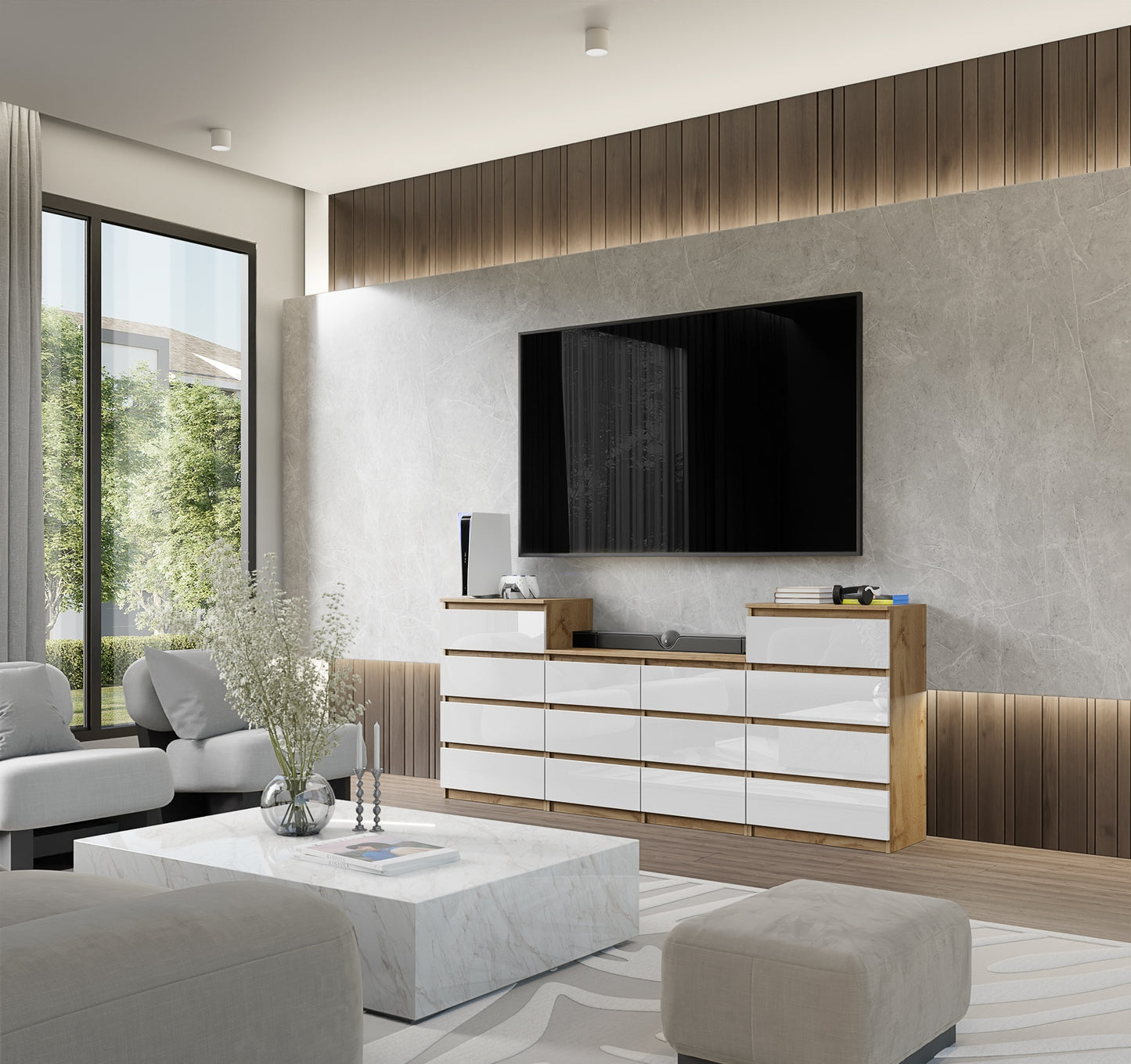 GABRIEL - Cassettiera a 14 cassetti (4+6+4) - Credenza per camera da letto - Rovere Wotan / Bianco Lucido