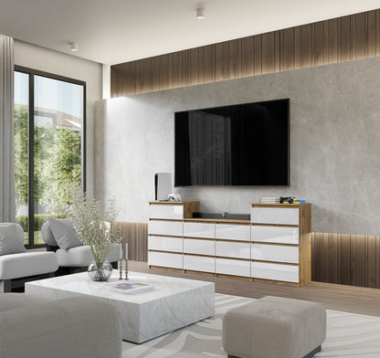 GABRIEL - Cassettiera a 14 cassetti (4+6+4) - Credenza per camera da letto - Rovere Wotan / Bianco Lucido