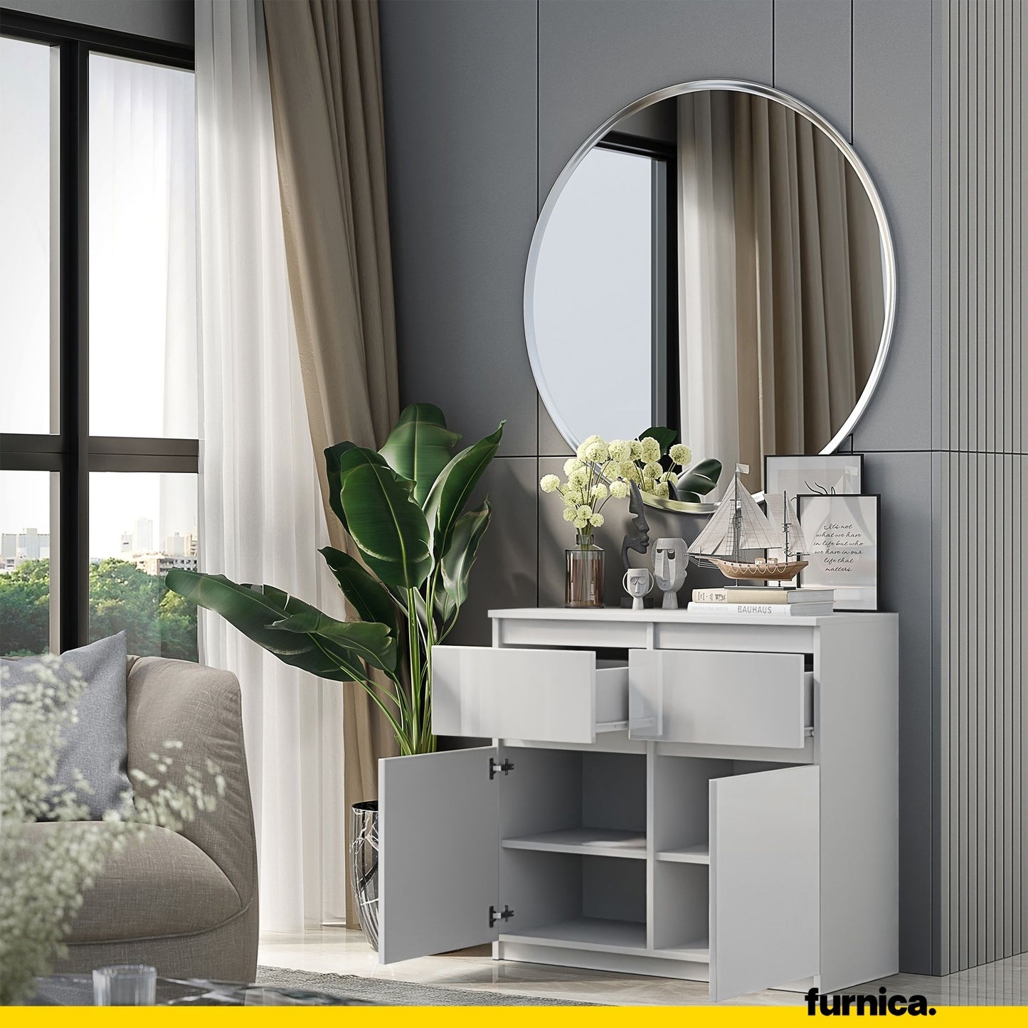 NOAH - Cassettiera con 2 cassetti e 2 ante - Credenza per camera da letto - Bianco Opaco / Bianco Lucido