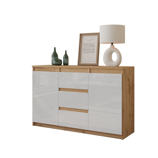 MIKEL - Cassettone con 3 cassetti e 2 ante - Credenza per camera da letto - Quercia Wotan / Bianco Lucido