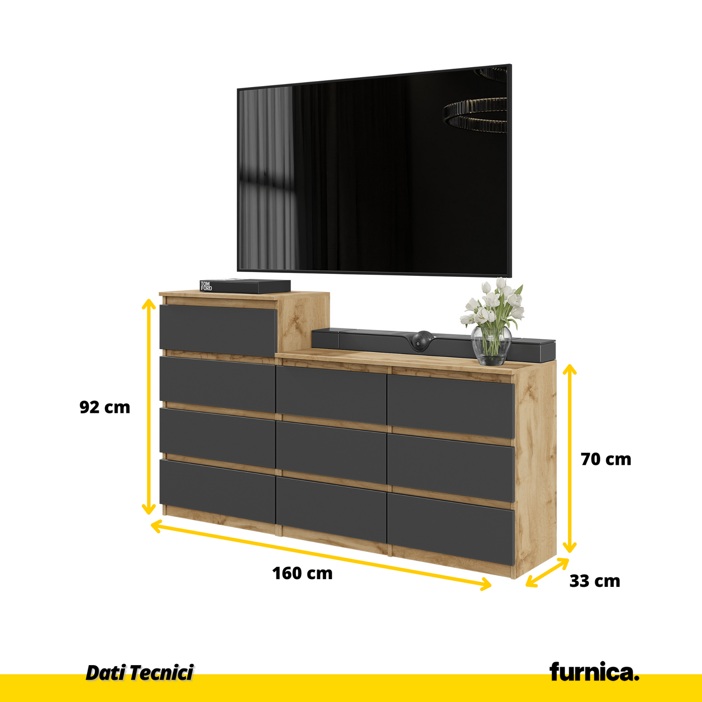 GABRIEL - Cassettiera a 10 cassetti (6+4) - H92/70 cm L160 cm P33 cm - Rovere Wotan / Antracite