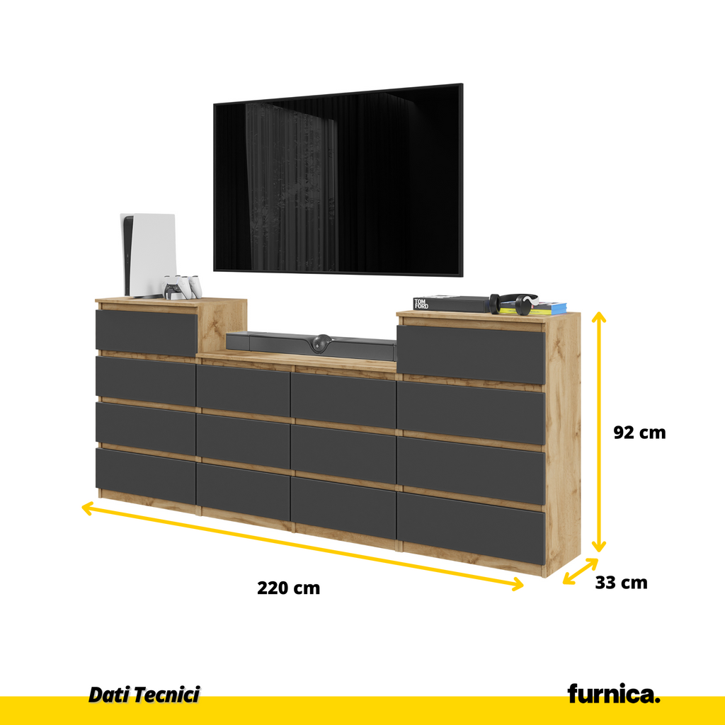 GABRIEL - Cassettiera a 14 cassetti (4+6+4) - Credenza per camera da letto - Rovere Wotan / Antracite