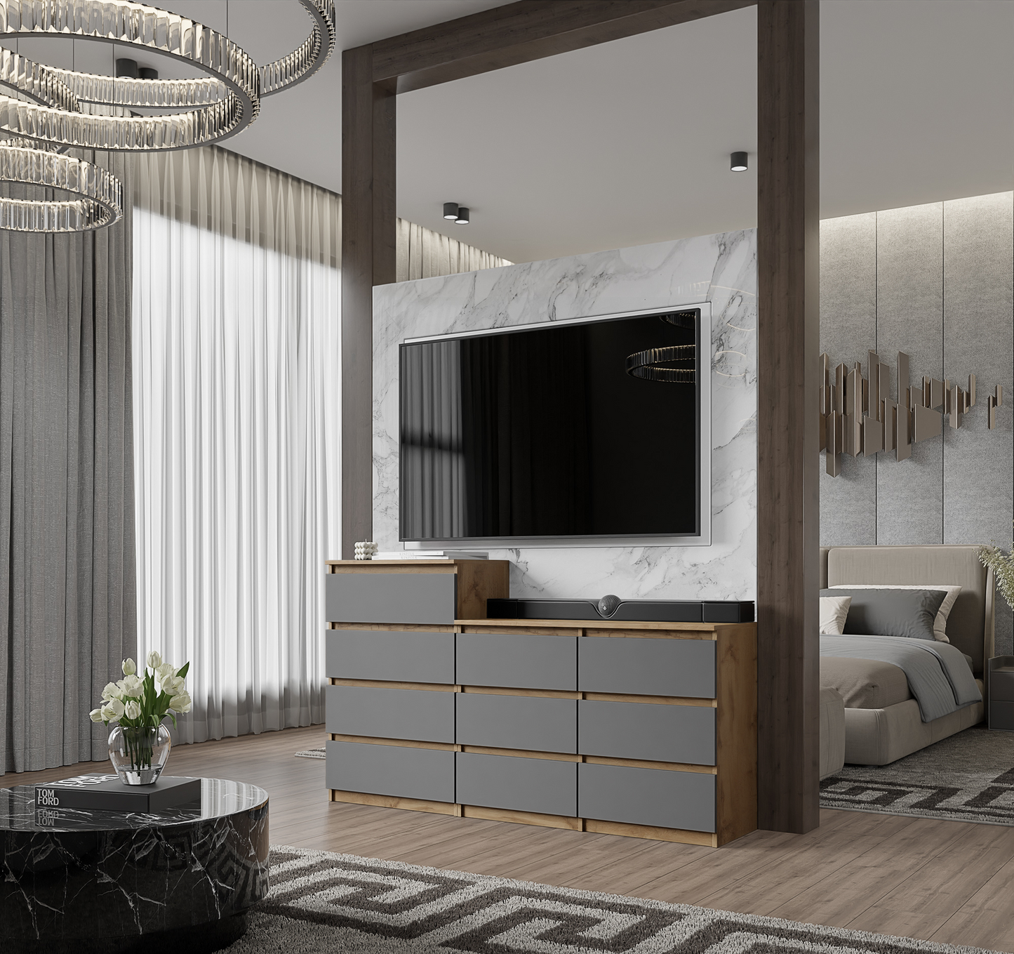 GABRIEL - Cassettiera a 10 cassetti (6+4) - H92/70 cm L160 cm P33 cm - Rovere Wotan / Antracite