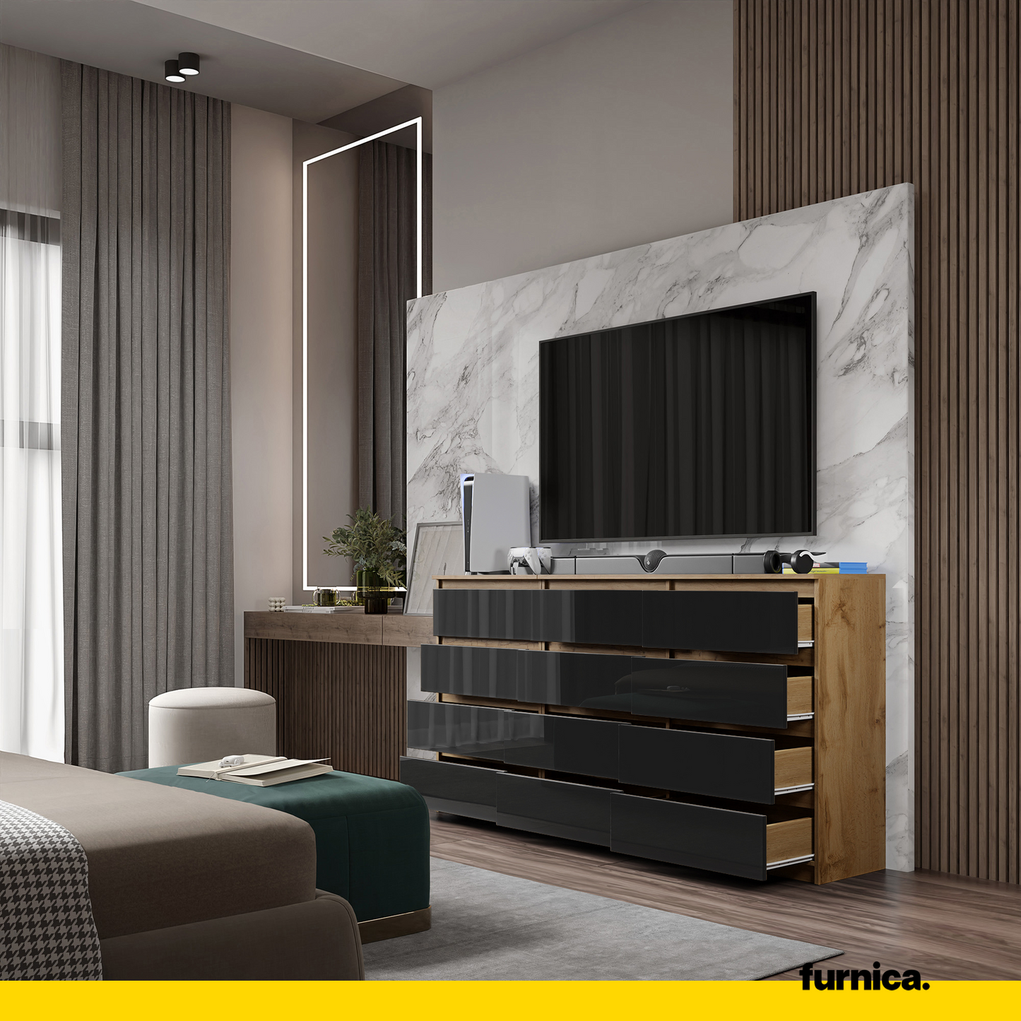 GABRIEL - Cassettiera a 12 cassetti (8+4) - Credenza per camera da letto - Rovere Wotan / Nero Lucido