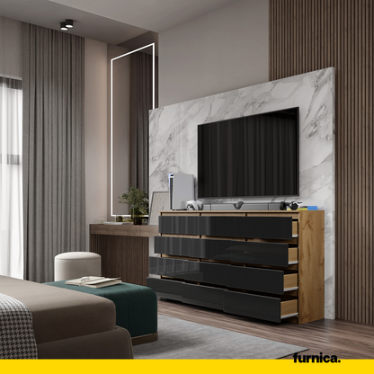 GABRIEL - Cassettiera a 12 cassetti (8+4) - Credenza per camera da letto - Rovere Wotan / Nero Lucido
