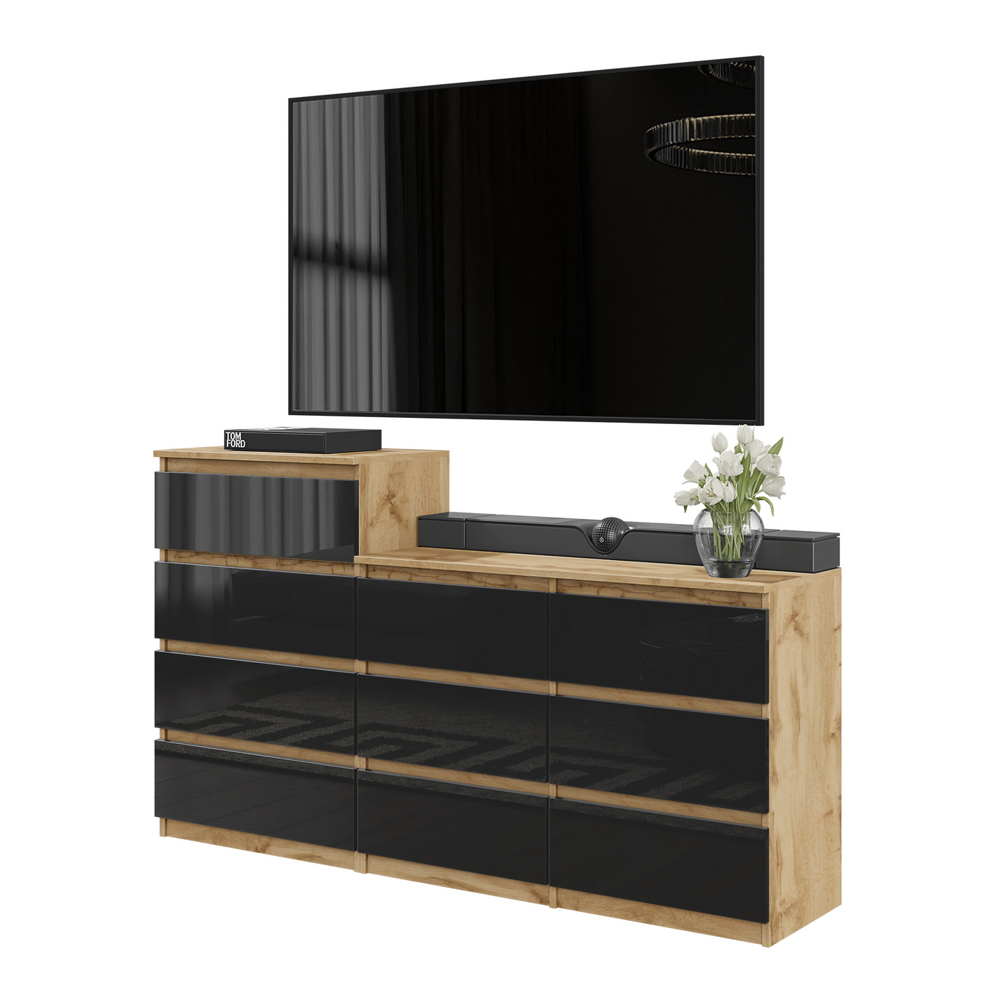 GABRIEL - Cassettiera a 10 cassetti (6+4) - H92/70 cm L160 cm P33 cm - Rovere Wotan / Nero Lucido