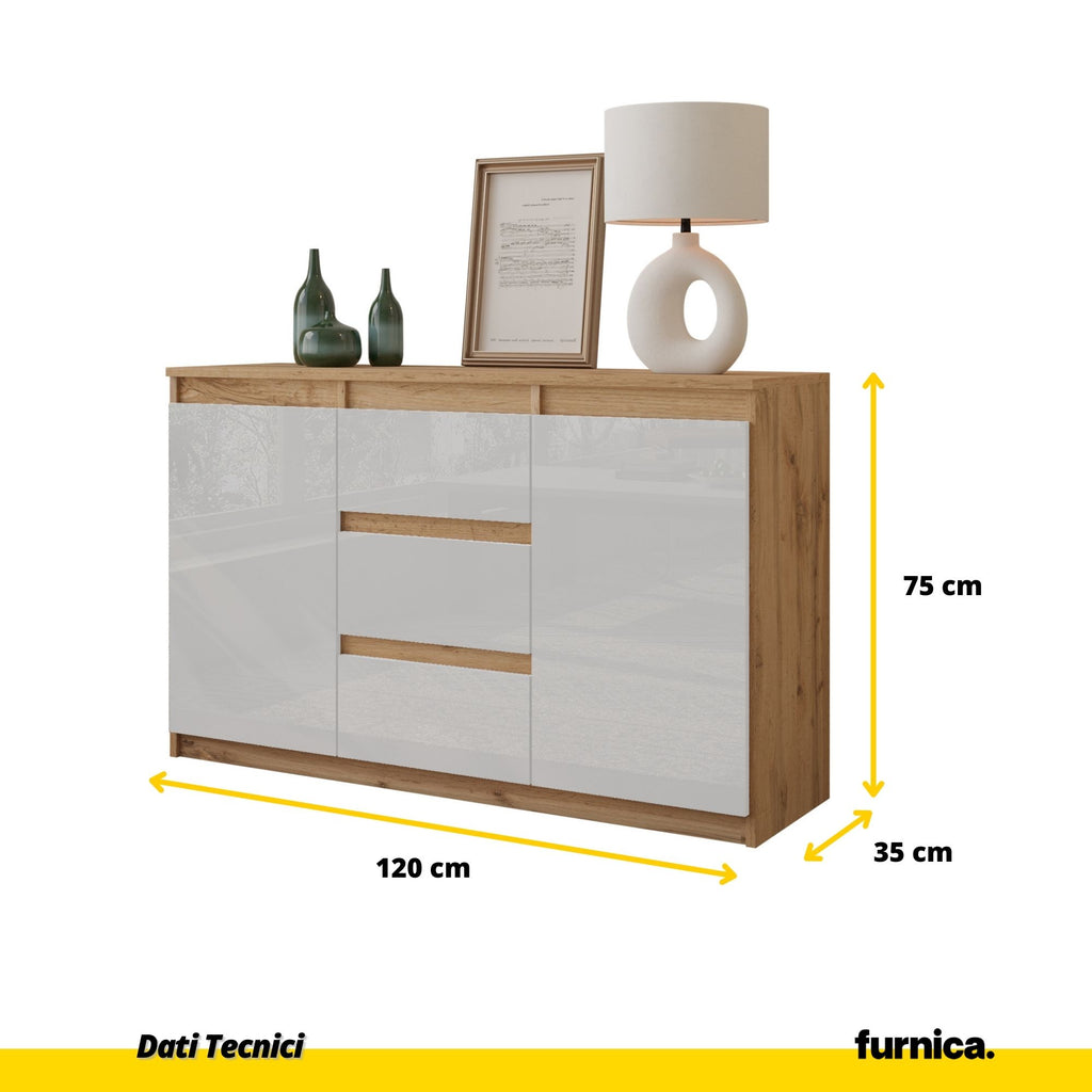 MIKEL - Cassettone con 3 cassetti e 2 ante - Credenza per camera da letto - Quercia Wotan / Bianco Lucido