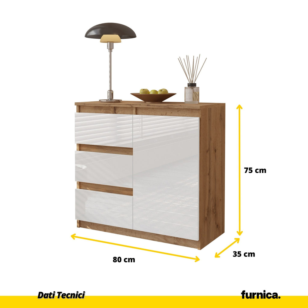 MIKEL - Cassettiera con 3 cassetti e 1 anta - Credenza per camera da letto - Quercia Wotan / Bianco Lucido