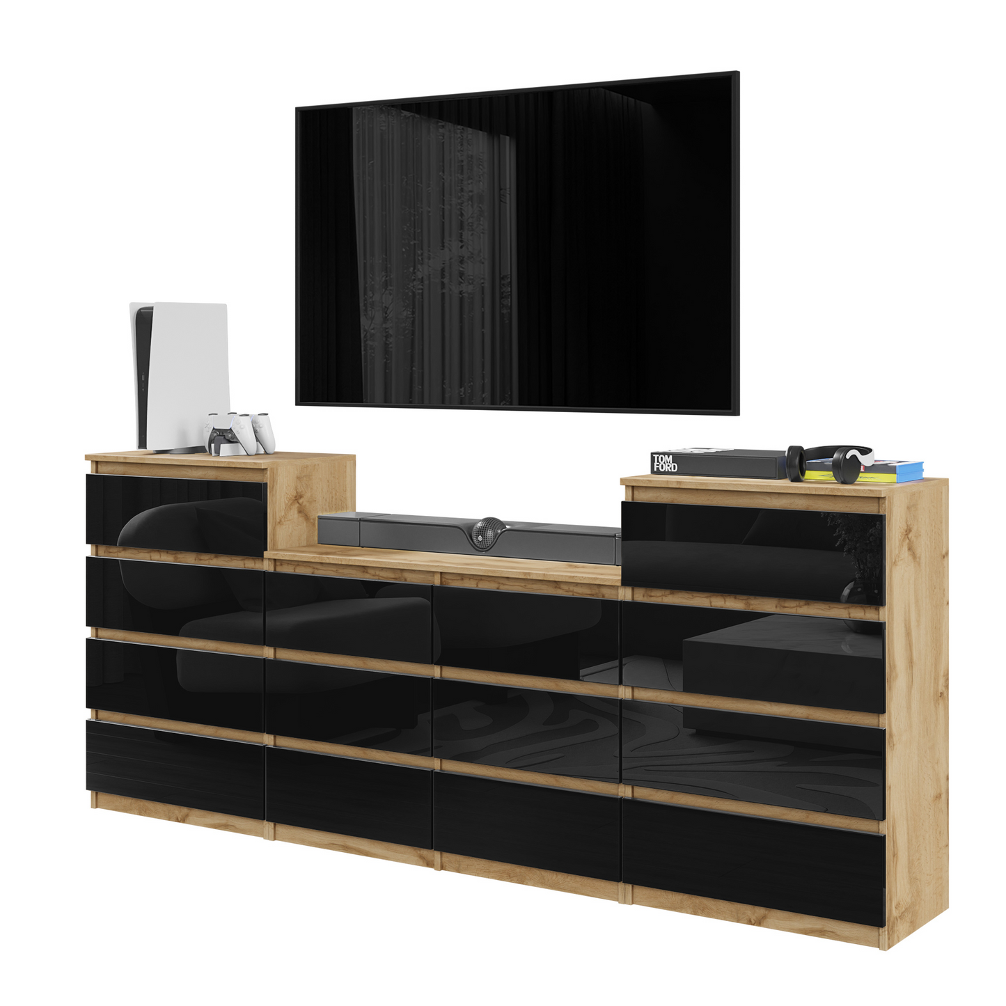 GABRIEL - Cassettiera a 14 cassetti (4+6+4) - Credenza per camera da letto - Rovere Wotan / Nero Lucido