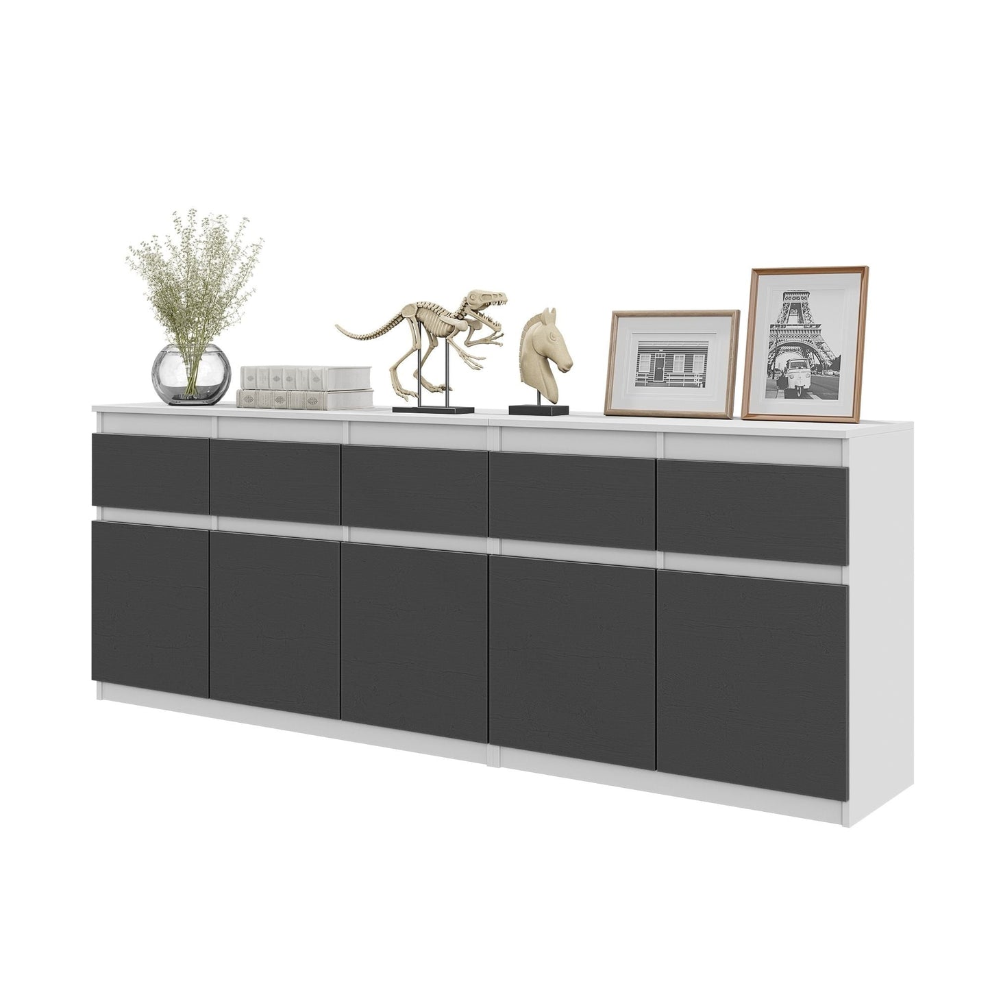 NOAH - Cassettiera a 5 cassetti e 5 ante - Credenza per camera da letto - Bianco Opaco / Antracite H75cm L200cm P35cm