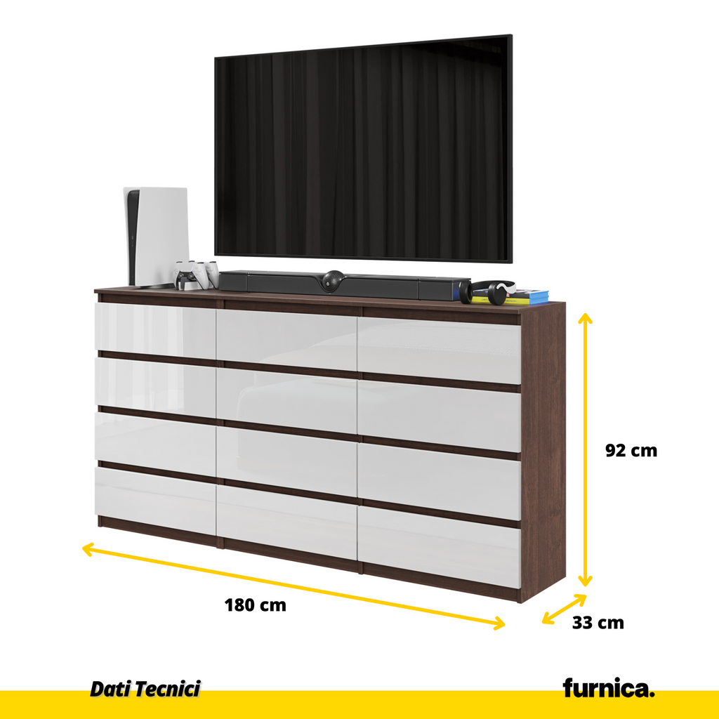 GABRIEL - Cassettiera a 12 cassetti (8+4) - Credenza per camera da letto - Wengé / Bianco Lucido