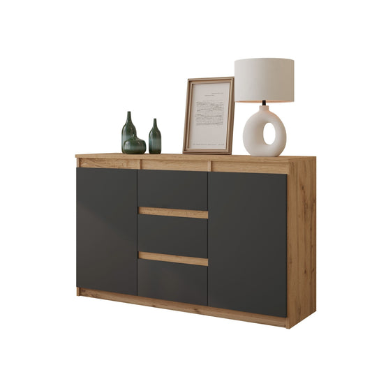 MIKEL - Cassettone con 3 cassetti e 2 ante - Credenza per camera da letto - Quercia Wotan / Antracite