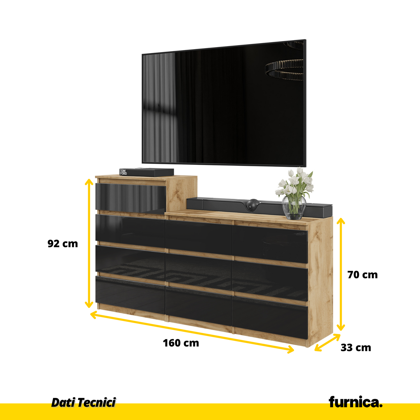 GABRIEL - Cassettiera a 10 cassetti (6+4) - H92/70 cm L160 cm P33 cm - Rovere Wotan / Nero Lucido