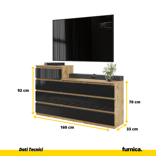 GABRIEL - Cassettiera a 10 cassetti (6+4) - H92/70 cm L160 cm P33 cm - Rovere Wotan / Nero Lucido