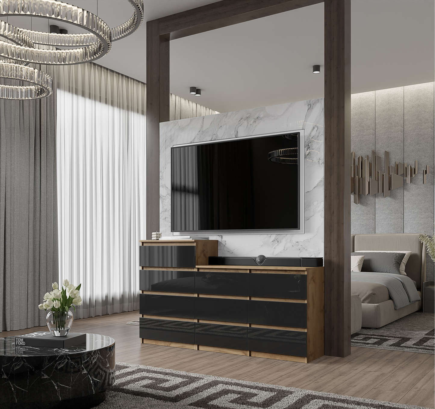 GABRIEL - Cassettiera a 10 cassetti (6+4) - H92/70 cm L160 cm P33 cm - Rovere Wotan / Nero Lucido