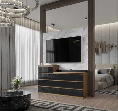 GABRIEL - Cassettiera a 10 cassetti (6+4) - H92/70 cm L160 cm P33 cm - Rovere Wotan / Nero Lucido