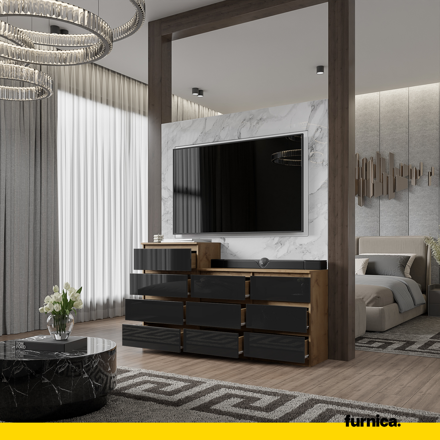 GABRIEL - Cassettiera a 10 cassetti (6+4) - H92/70 cm L160 cm P33 cm - Rovere Wotan / Nero Lucido