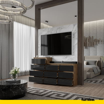 GABRIEL - Cassettiera a 10 cassetti (6+4) - H92/70 cm L160 cm P33 cm - Rovere Wotan / Nero Lucido