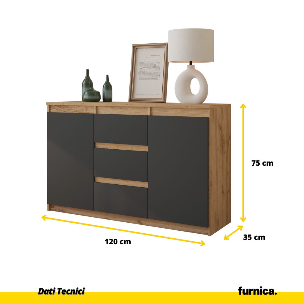 MIKEL - Cassettone con 3 cassetti e 2 ante - Credenza per camera da letto - Quercia Wotan / Antracite