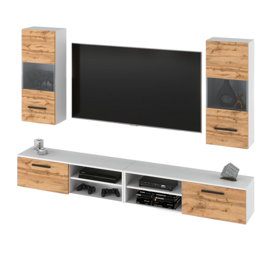 MIRANDA - Set di mobili TV sospesi - 4 armadi - Bianco Opaco / Rovere Wotan