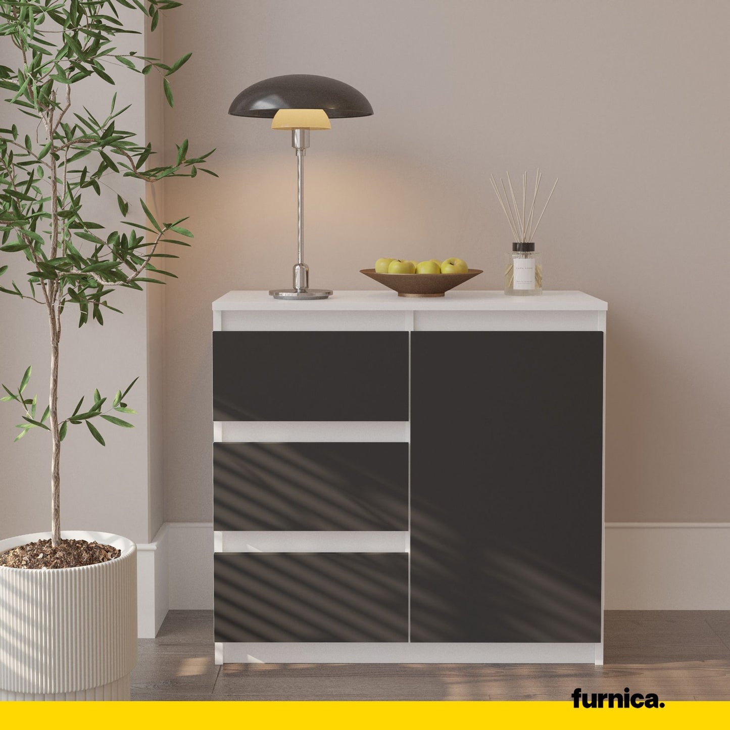 MIKEL - Cassettiera con 3 cassetti e 1 anta - Credenza per camera da letto - Bianco Opaco / Antracite