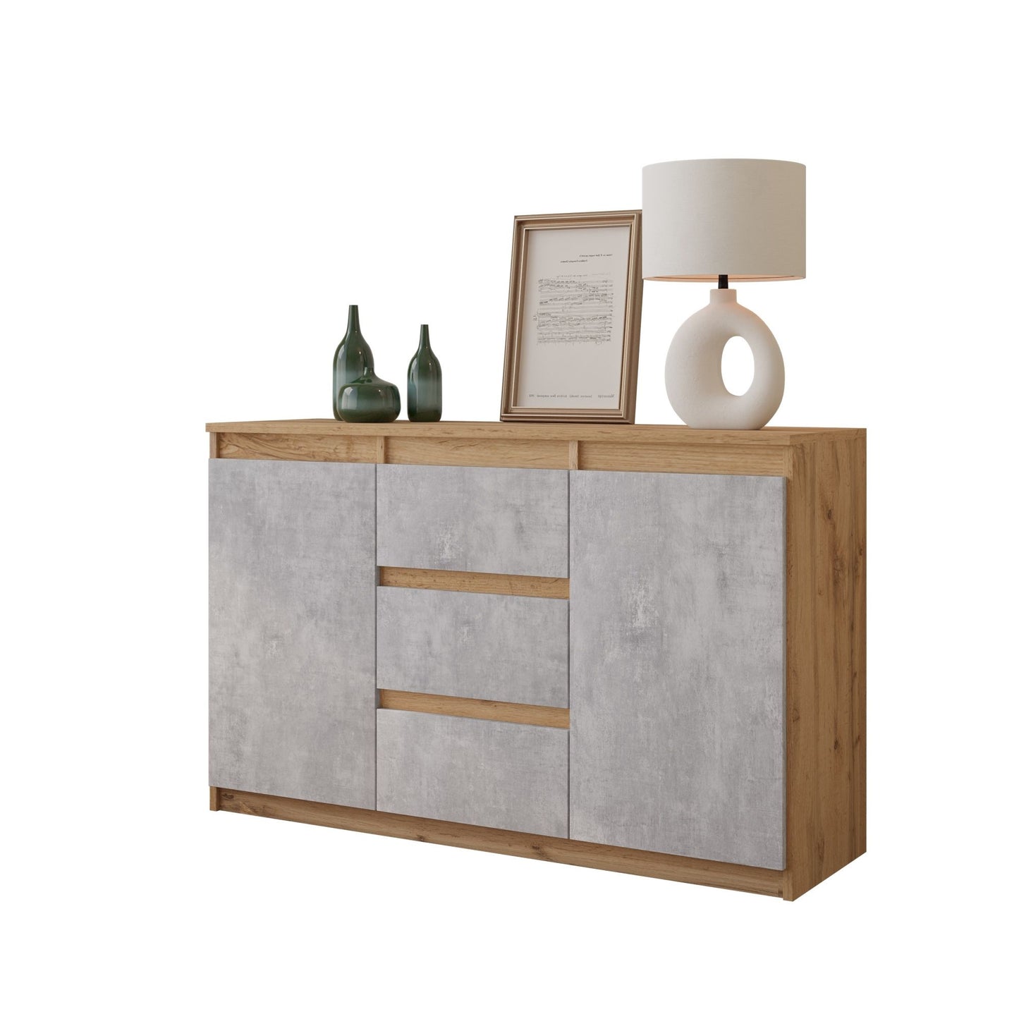 MIKEL - Cassettone con 3 cassetti e 2 ante - Credenza per camera da letto - Quercia Wotan / Calcestruzzo