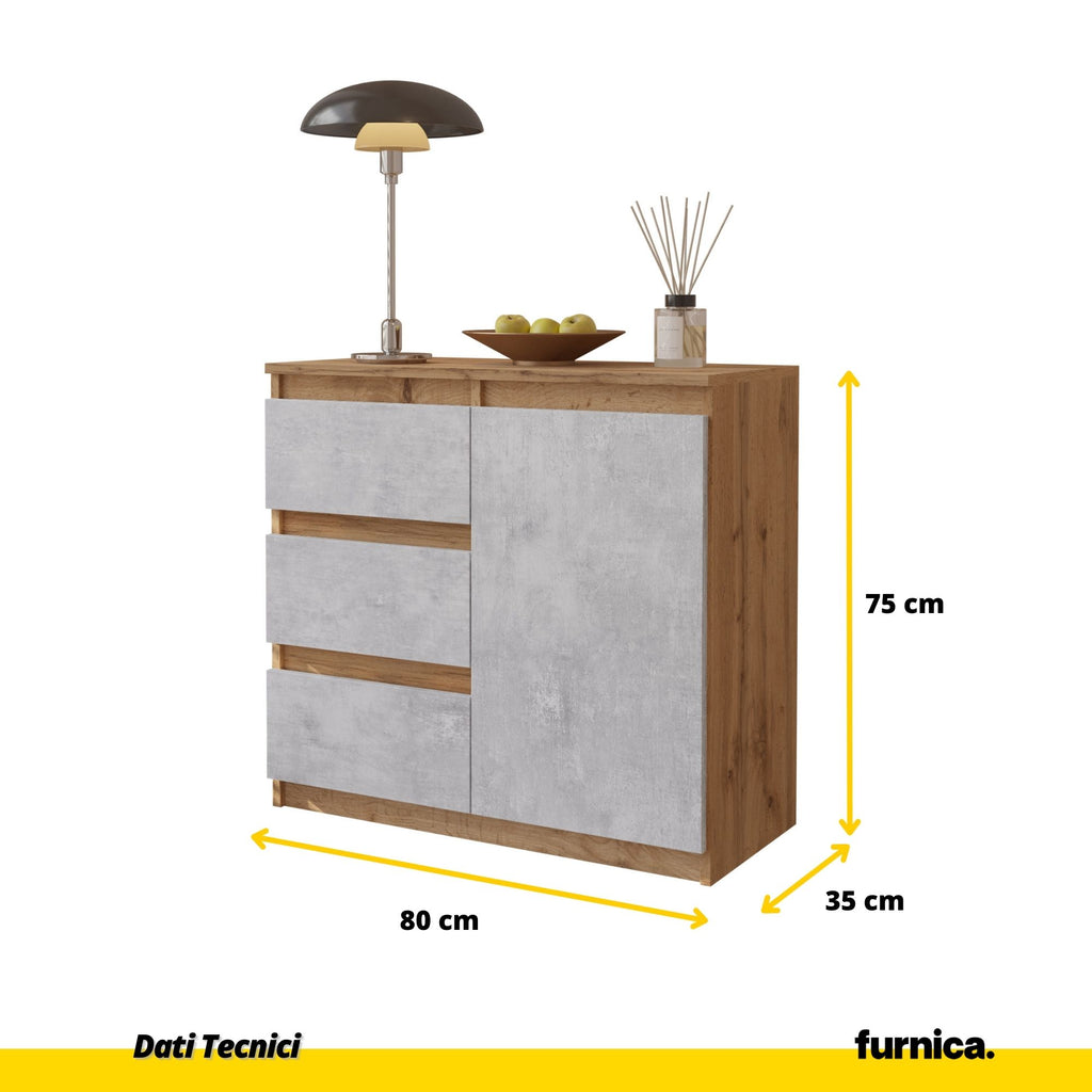MIKEL - Cassettiera con 3 cassetti e 1 anta - Credenza per camera da letto - Quercia Wotan / Calcestruzzo